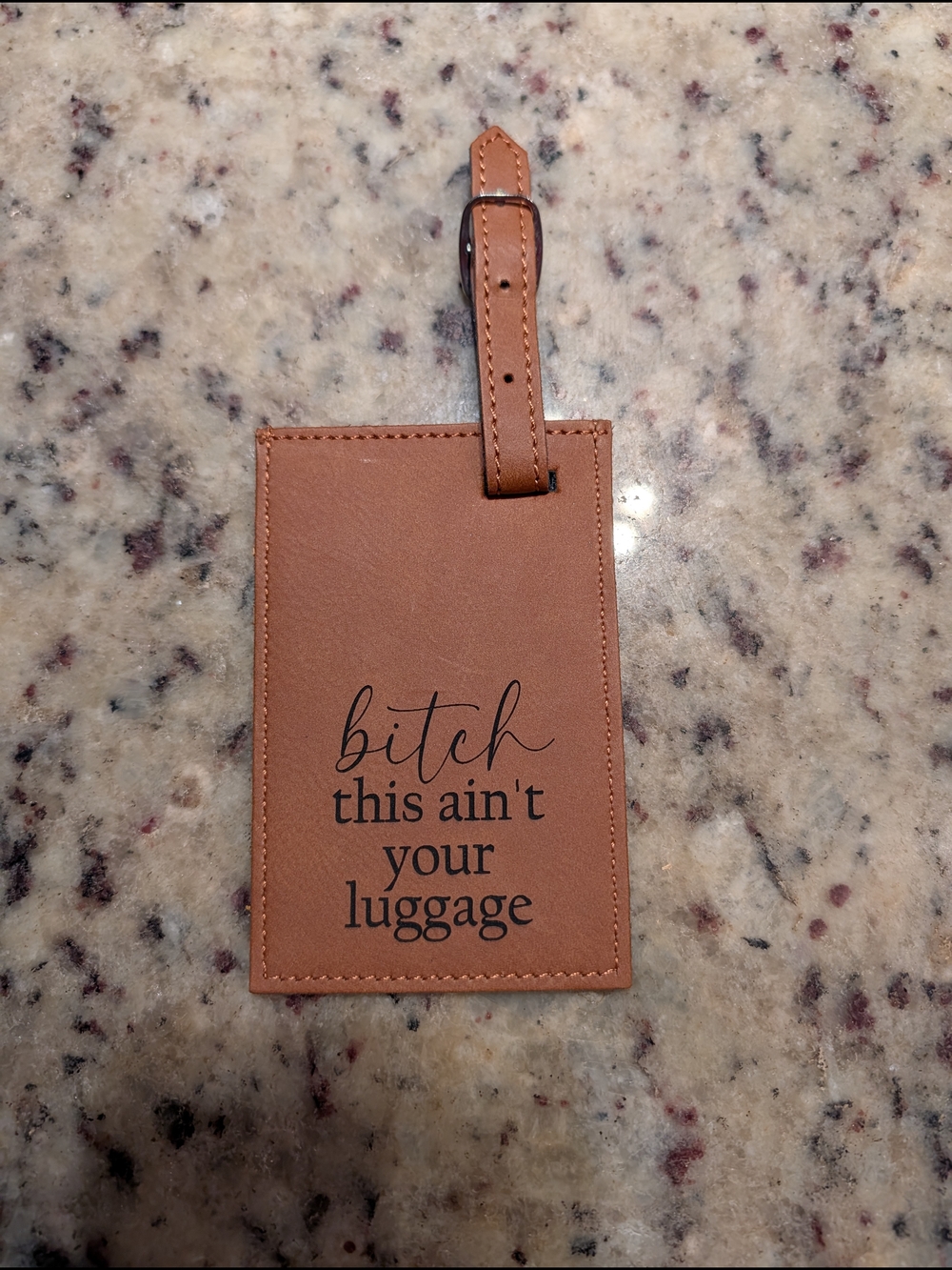 Brown Leather-Look Luggage Tag with Bold Text